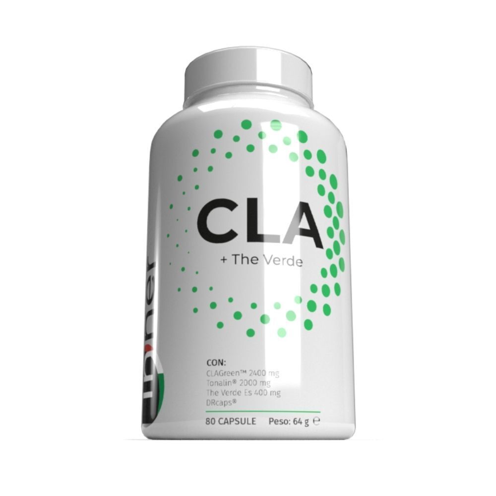 Un flacone bianco con etichetta CLA + The Verde, punti verdi e logo laterale.
