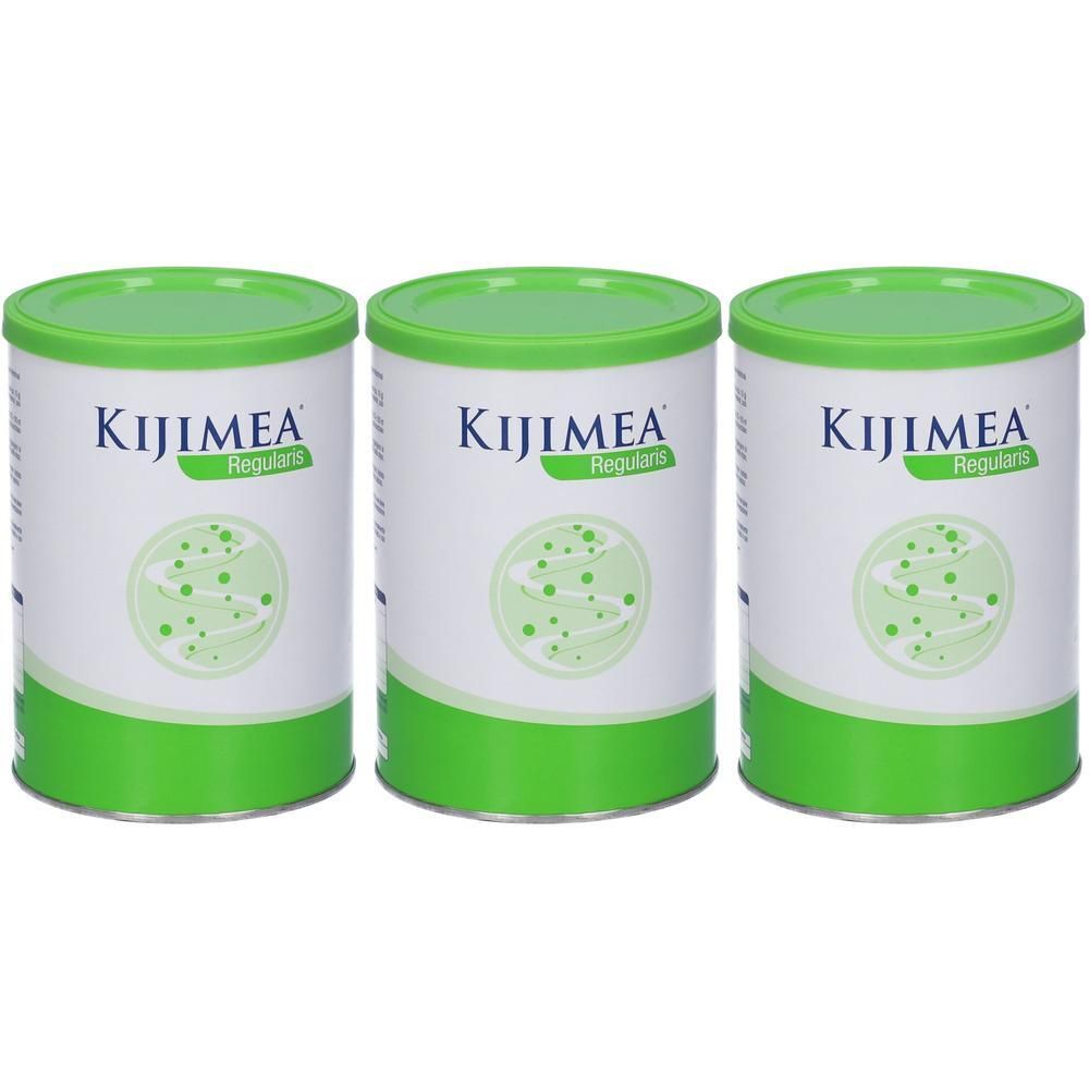 Tre lattine Kijimea Regularis con coperchi ed etichette verdi.