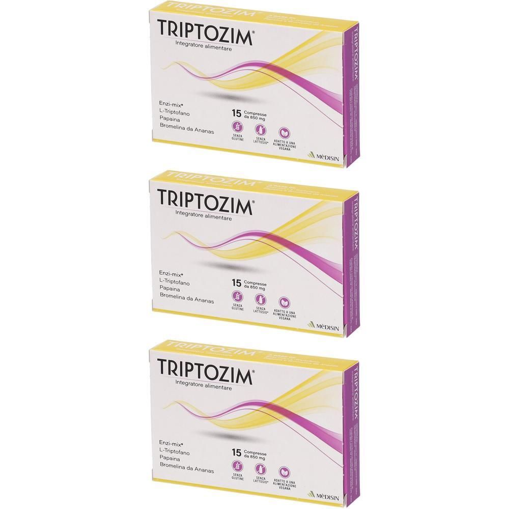 Tre scatole di Triptozim, integratore alimentare con 15 compresse per scatola.