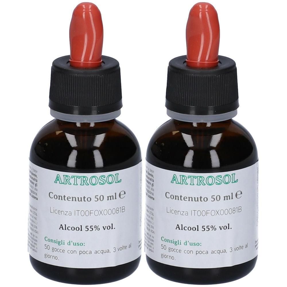 Due flaconi in vetro ambrato con contagocce, contenenti un liquido. Etichetta riporta 'ARTROSOL', 'Alcool 55% vol.'