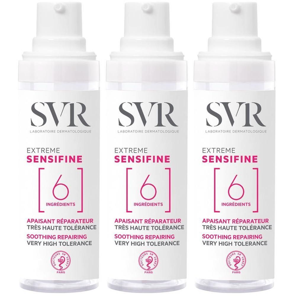 Tre flaconi spray SVR Sensifine Extreme Crema con etichetta bianca e testo rosa.
