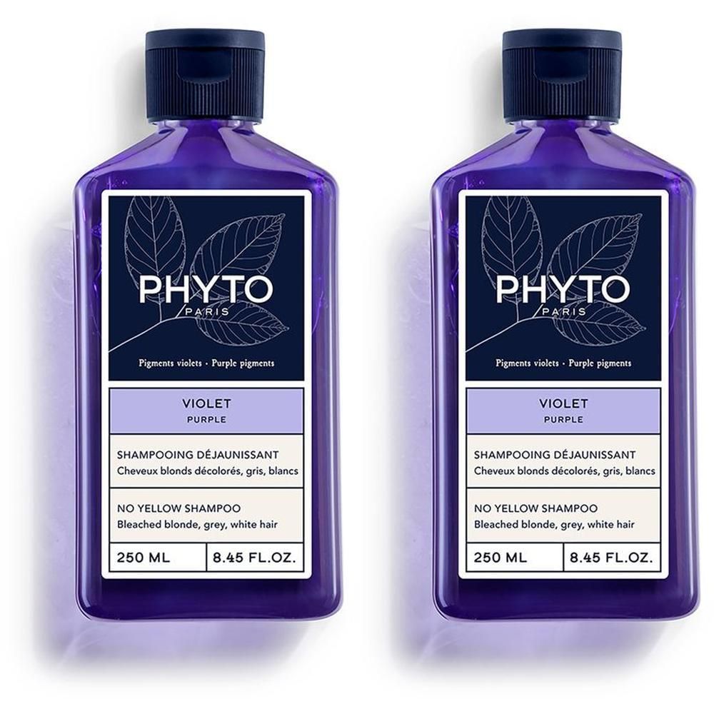 Due flaconi di Phyto Violet Shampoo, 250 ml, per capelli biondi, grigi e bianchi.