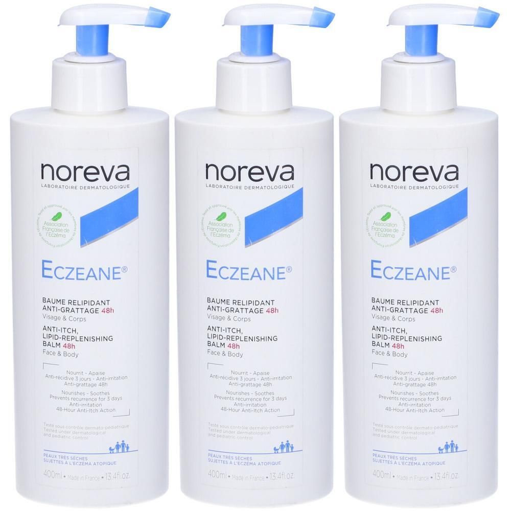 Tre flaconi Noreva Eczeane con pompe blu.