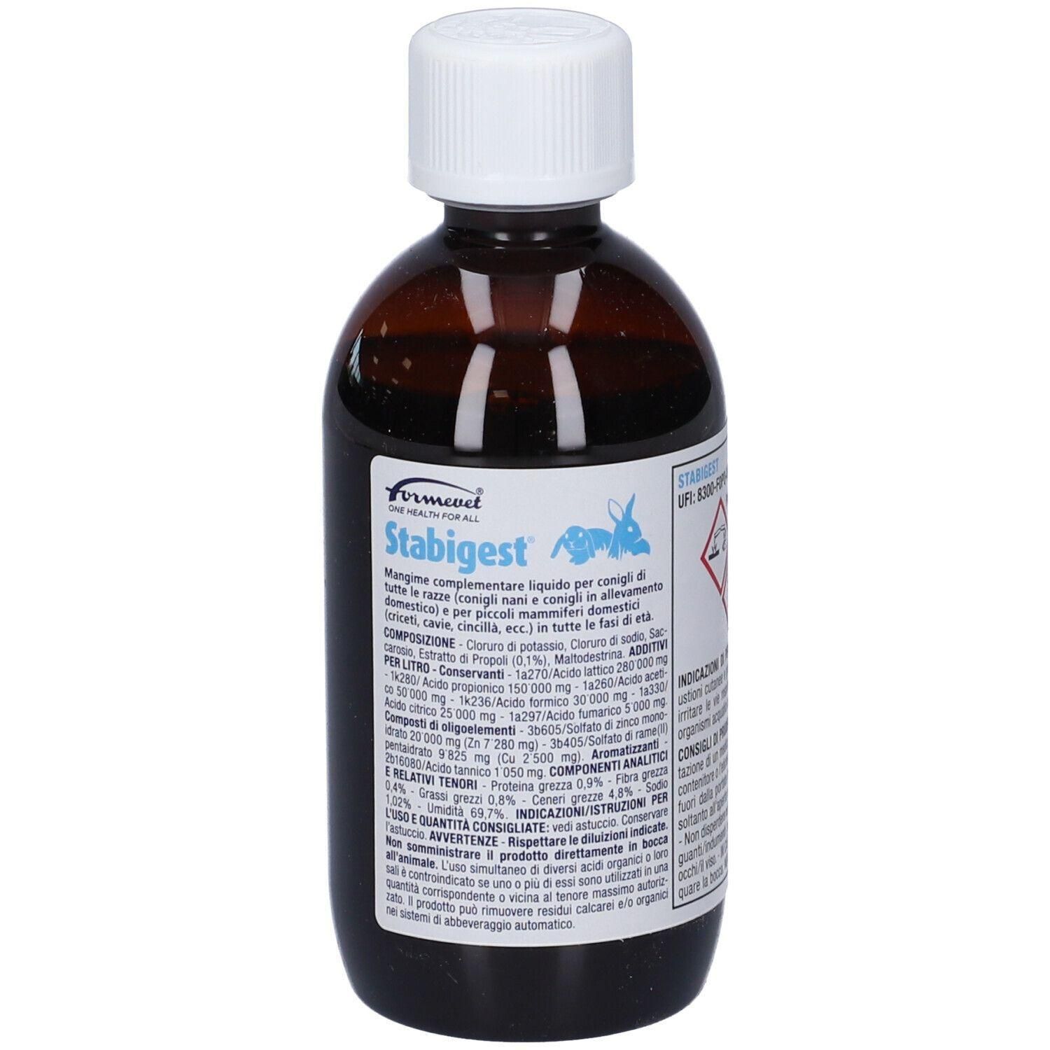 Formevet Stabigest liquido per conigli e roditori in flacone di vetro marrone.