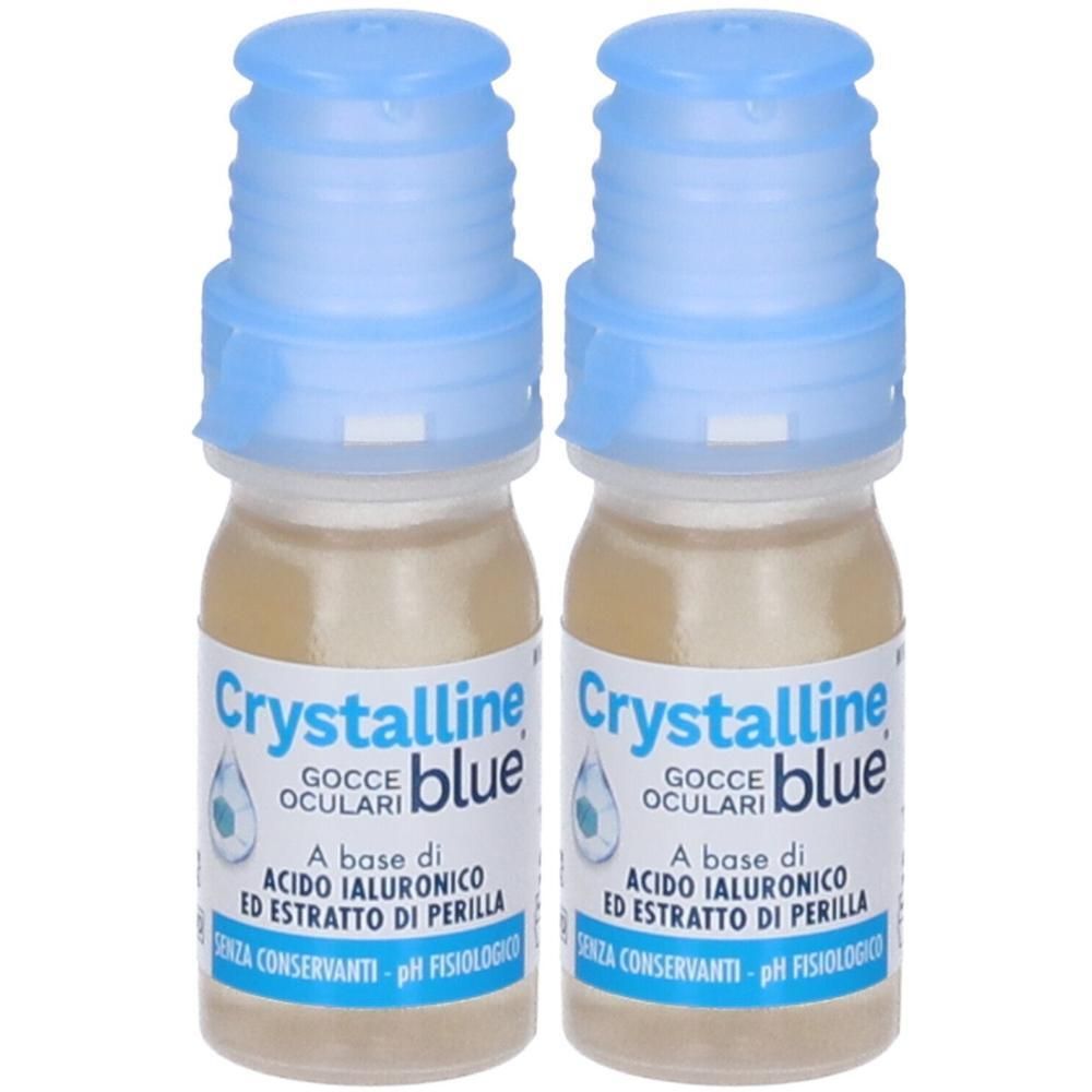 Due flaconcini con tappo blu contenenti Crystalline Blue gocce oculari.
