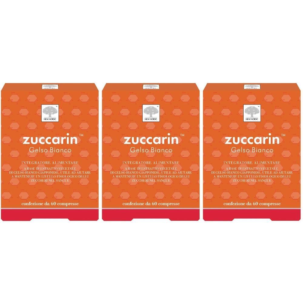 Tre scatole arancioni con il nome del prodotto Zuccarin Gelso Bianco. Ogni scatola contiene 60 compresse.