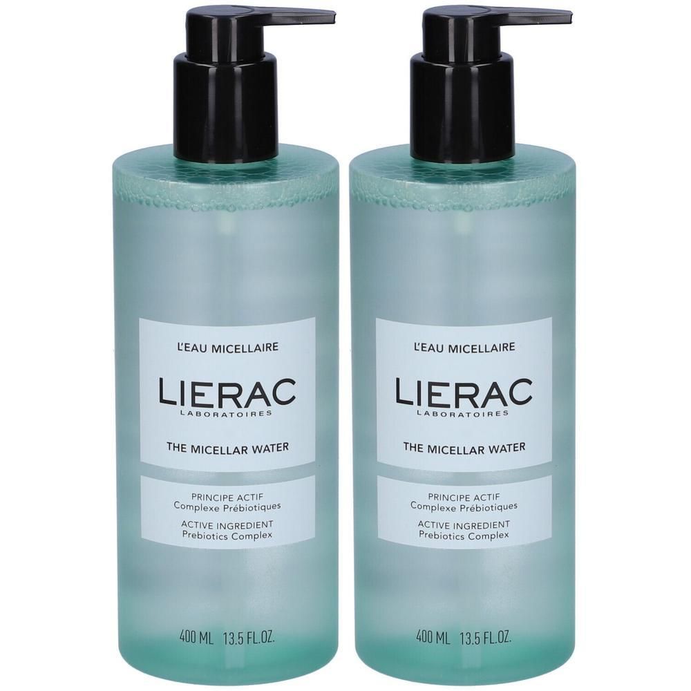 Due flaconi con pompa di acqua micellare Lierac, 400 ml ciascuno.