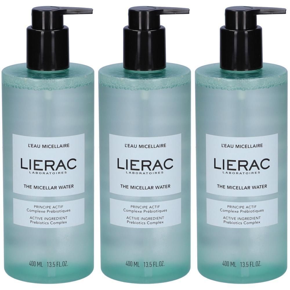 Tre flaconi Lierac The Micellar Water con dispenser a pompa. Liquido limpido in flaconi traslucidi.