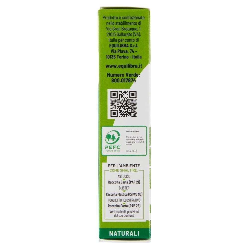 Lato di una confezione Equilibra Valeriana con dati del produttore e informazioni ambientali.