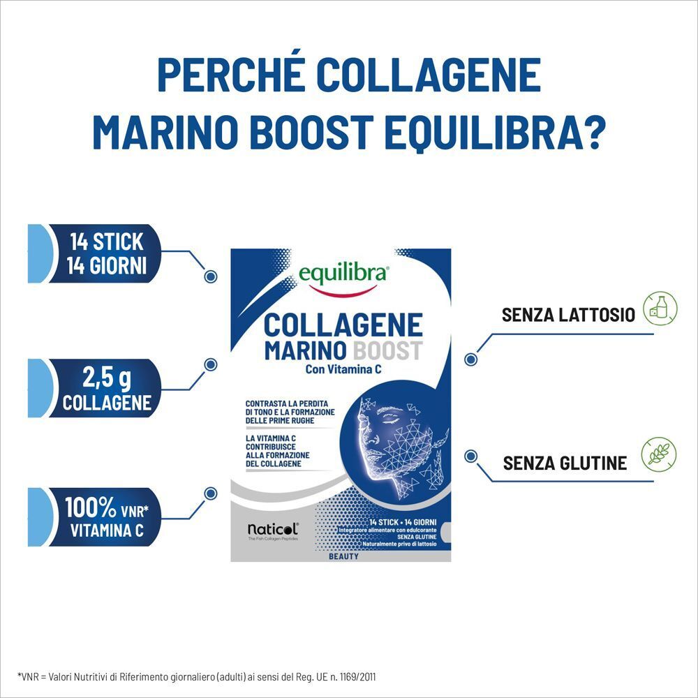 Confezione Equilibra Collagene Marino Boost Stick con dettagli su 14 stick, 2,5g di collagene e 100% Vitamina C.