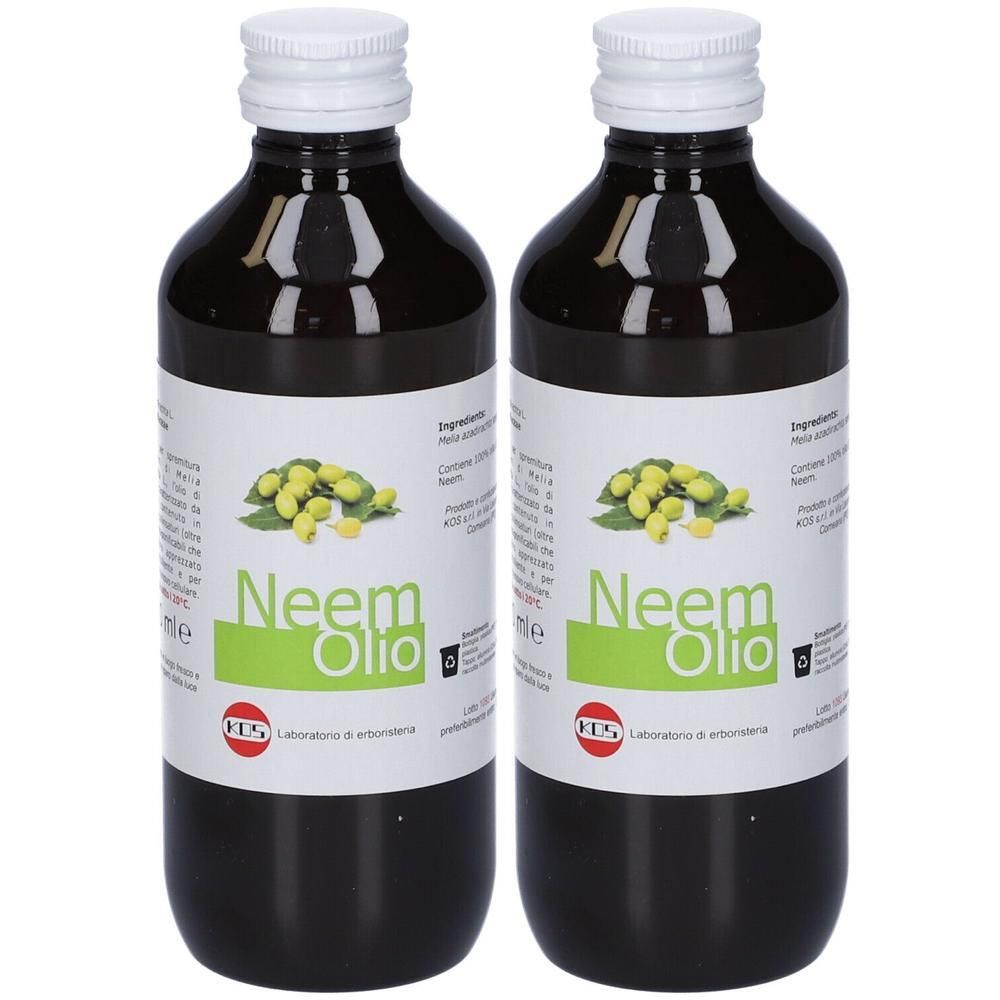 Due bottiglie di olio di neem con tappi bianchi ed etichette raffiguranti frutti di neem.