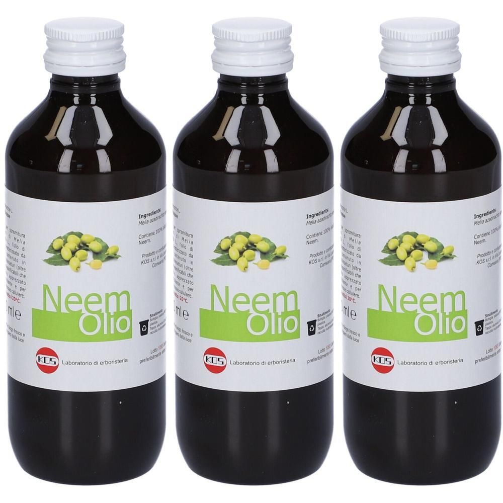 Tre bottiglie di vetro scuro con tappo bianco, contenenti olio di neem. L'etichetta mostra un'illustrazione di frutti di neem e il nome del prodotto.