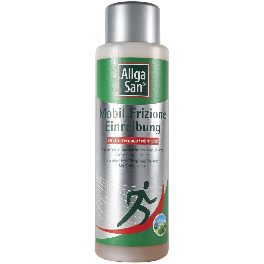 Flacone Allga San Mobil Frizione Einreibung con tappo argentato e fascia verde.