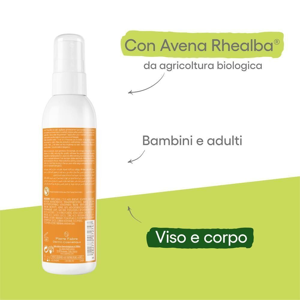 Spray solare A-Derma Protect Kids SPF50+ con indicazioni su avena Rhealba e biologico.
