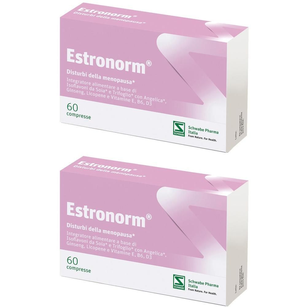 Due confezioni di Estronorm 60 compresse, rosa e bianche, con informazioni su ingredienti e produttore.