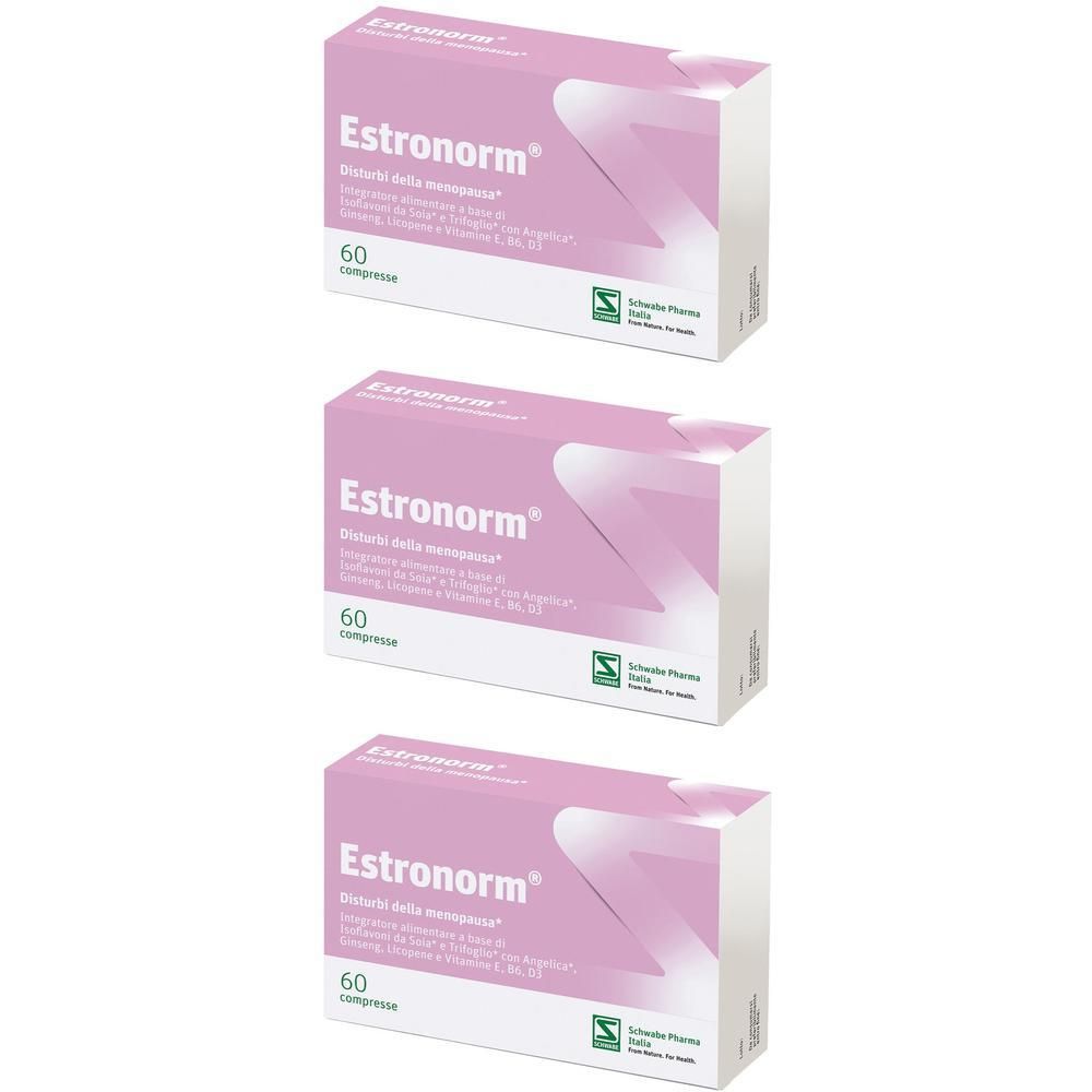 Tre confezioni di compresse Estronorm, ogni confezione contiene 60 compresse.