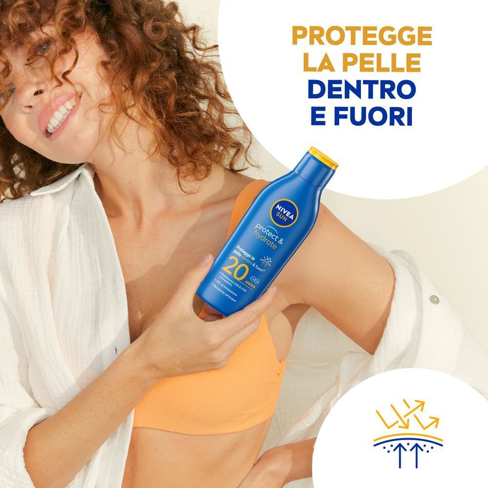 Donna tiene un flacone Nivea Sun Protect & Hydrate SPF20, la pelle è protetta dal sole.
