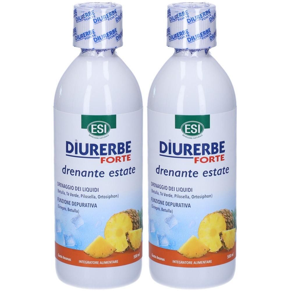 Due flaconi ESI Diurerbeforte Drenante con motivo ananas. Contenitore bianco con etichetta blu e arancione.