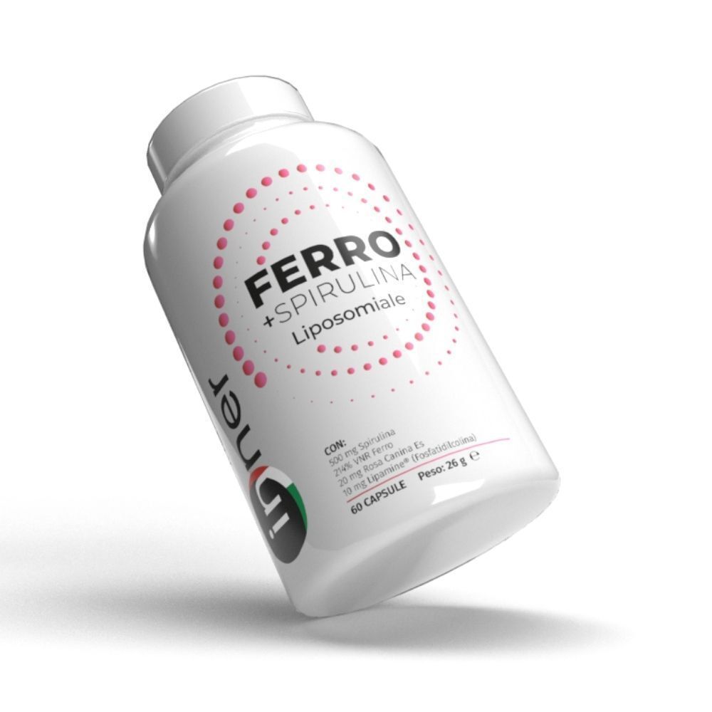Flacone bianco di integratore alimentare inclinato, etichetta con "Ferro + Spirulina Liposomiale".