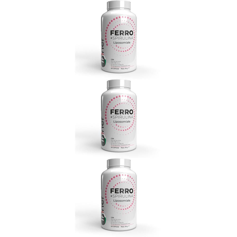 Tre flaconi bianchi con etichetta Ferro + Spirulina Liposomiale.