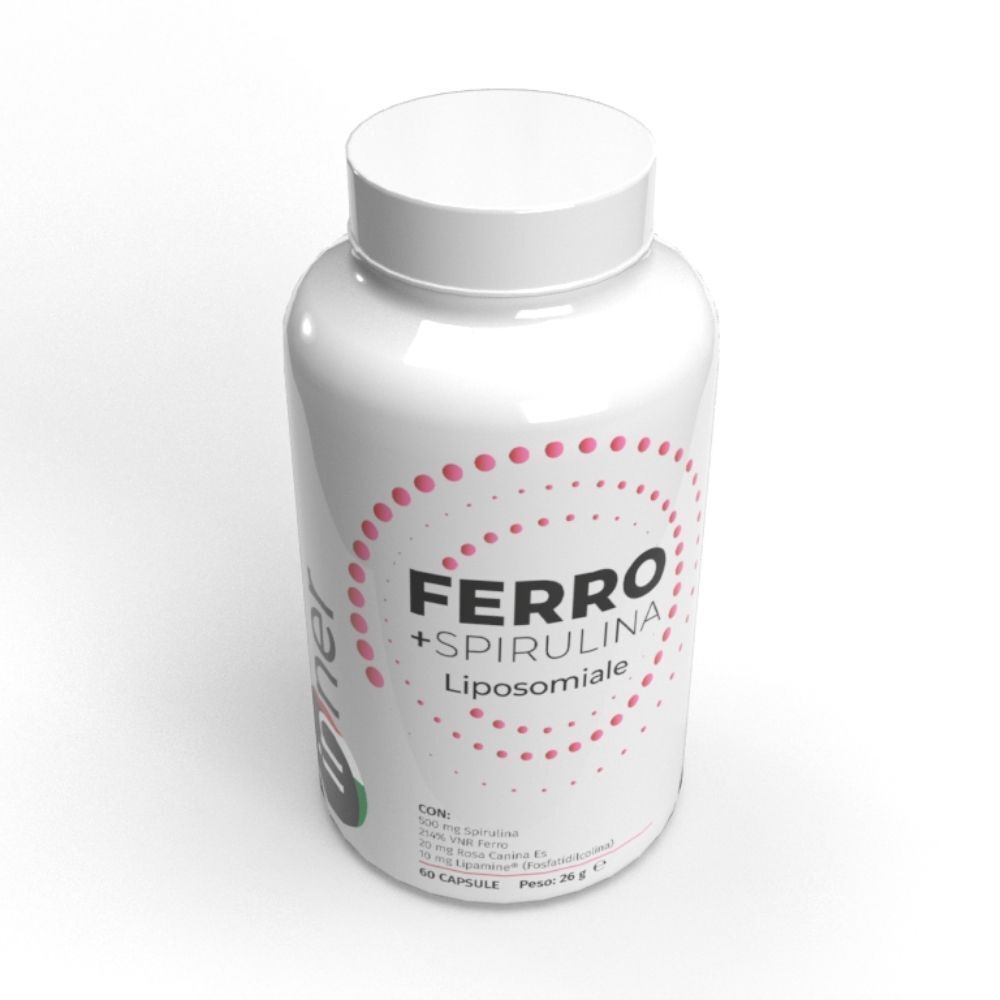 Flacone bianco con etichetta Ferro + Spirulina Liposomiale, primo piano.