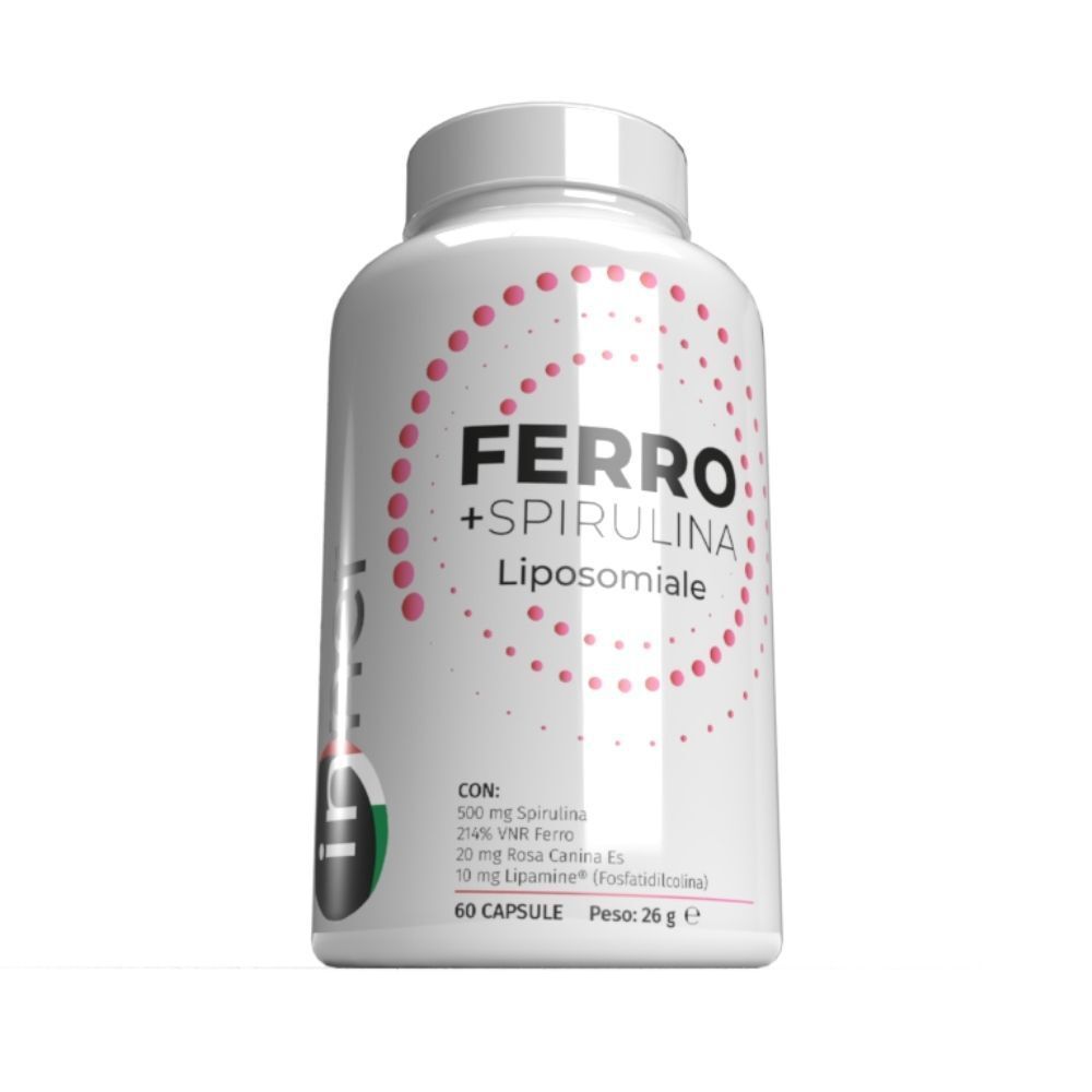 Flacone bianco con etichetta Ferro + Spirulina Liposomiale, primo piano.