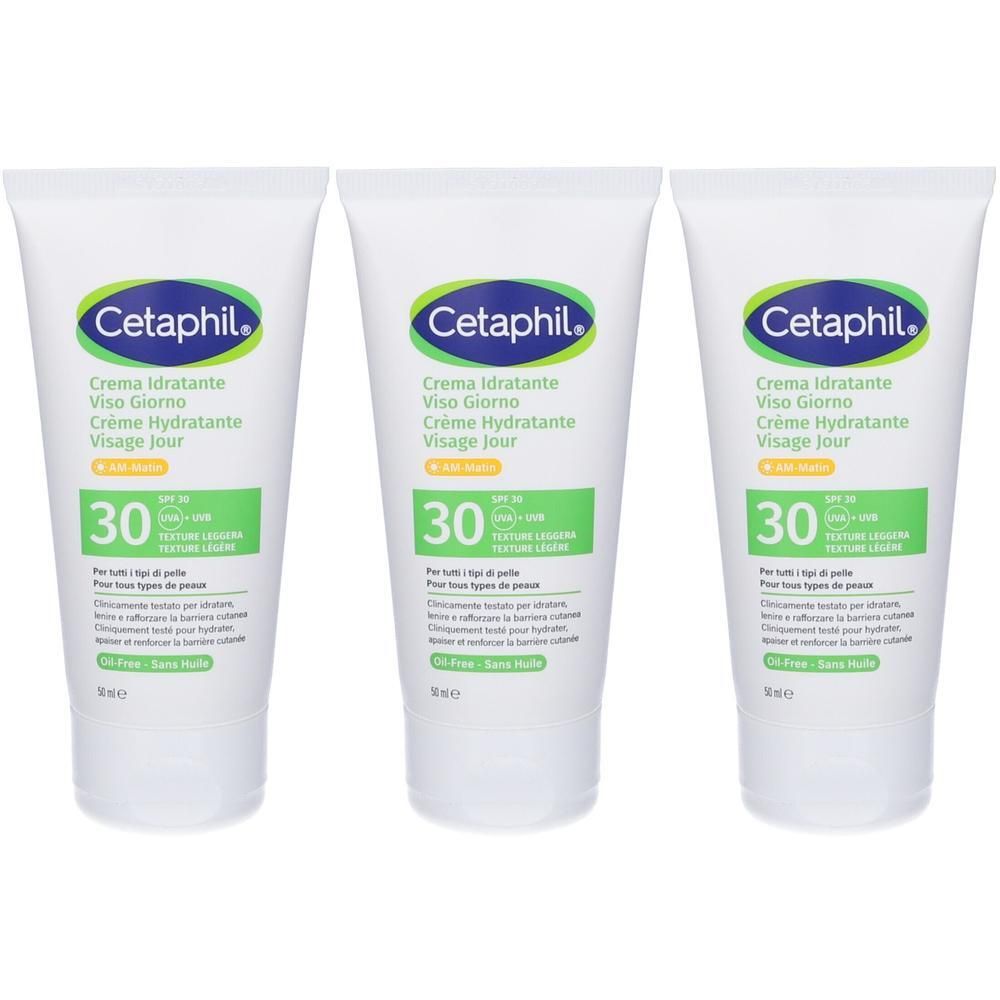 Tre tubi di crema idratante viso Cetaphil SPF 30. Bianchi con accenti verdi e blu.