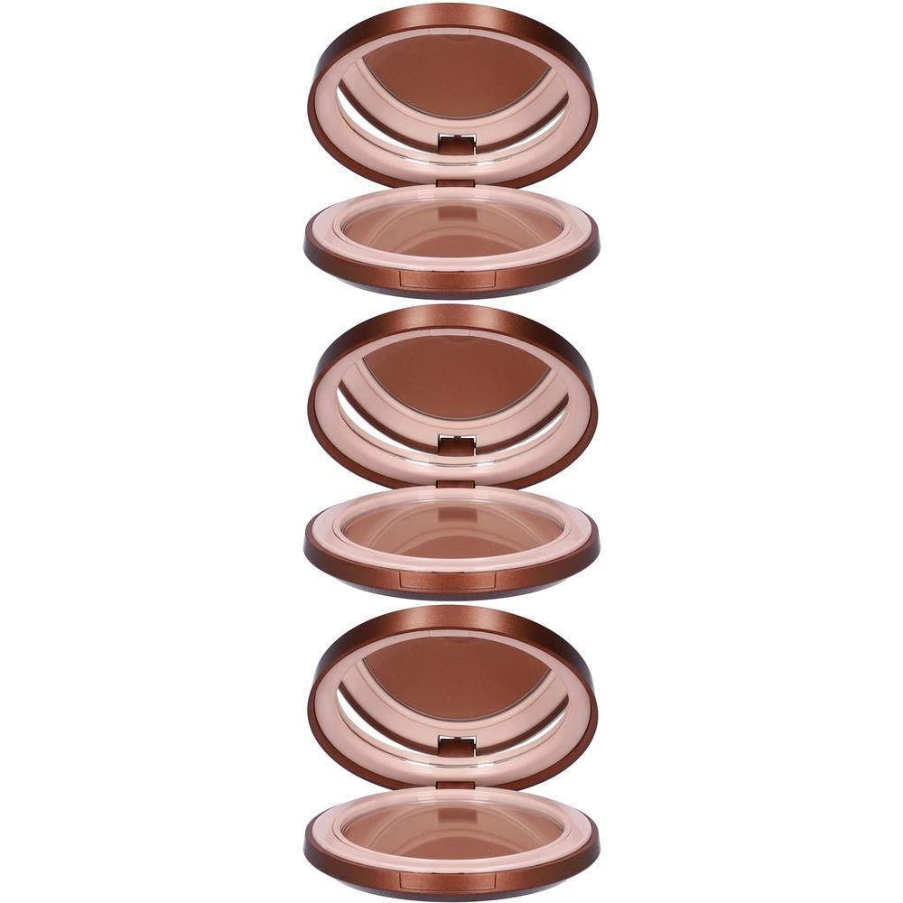 Tre ciprie compatte abbronzanti color bronzo con coperchio aperto.