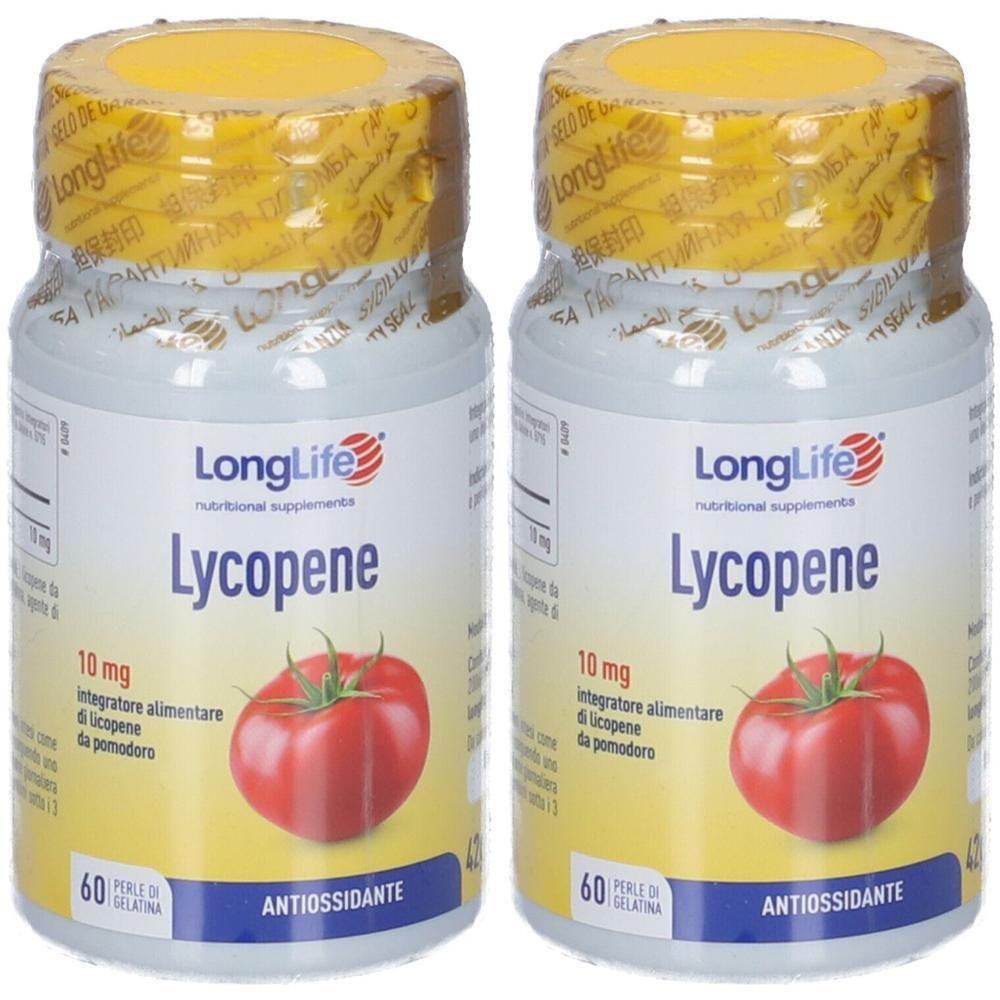 Due flaconi di LongLife Licopene, 10 mg, 60 perle, con immagine di pomodoro.