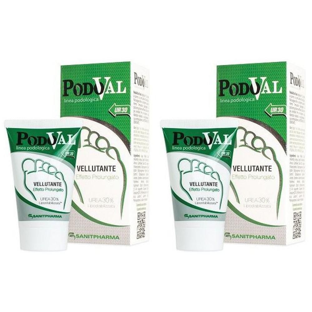 Due tubi e scatole Podoval Ur30 Vellutante con illustrazione di piede e Urea 30%.