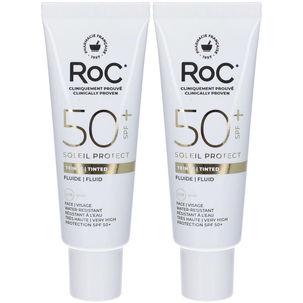 Due tubi di fluido colorato RoC Soleil Protect SPF 50+. Resistente all'acqua.
