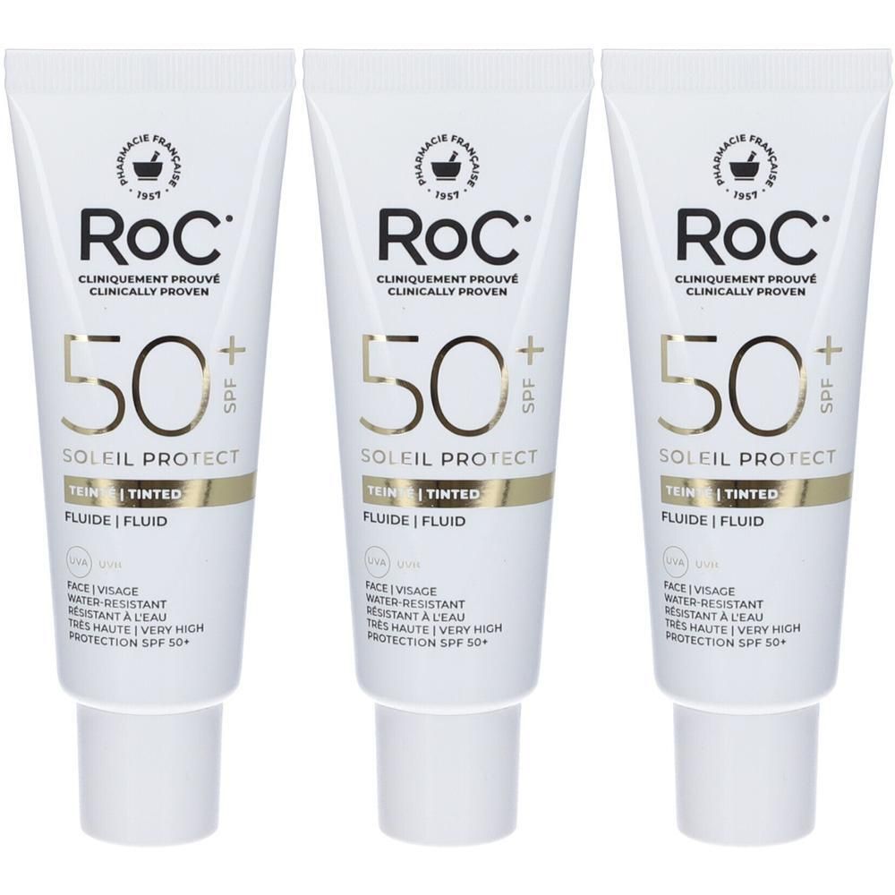 Tre tubi di fluido colorato RoC Soleil Protect SPF 50+.