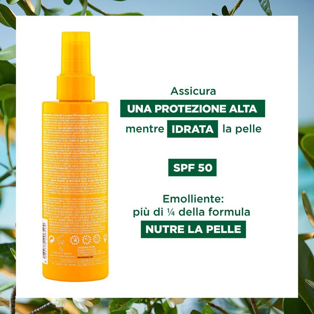 Retro di un flacone spray solare Klorane SPF 50. Testo e simboli su sfondo giallo.
