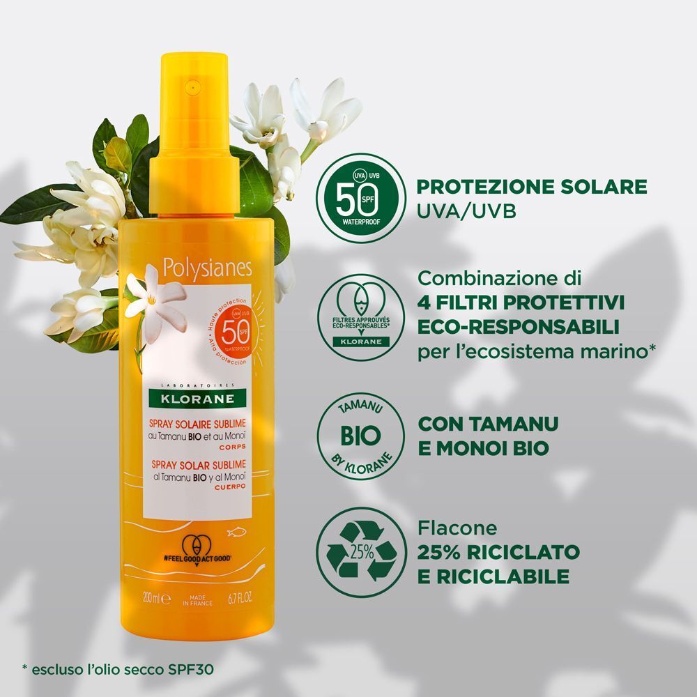 Spray solare Klorane SPF 50 Monoï e Tamanu Bio. Flacone con fiori, simboli di protezione UVA/UVB e flacone riciclato.