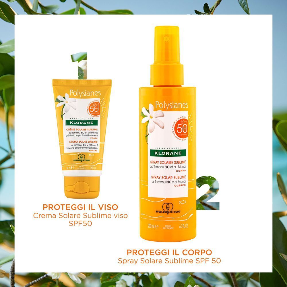 Klorane solare viso e corpo. Tubo per il viso e spray per il corpo, entrambi SPF 50.