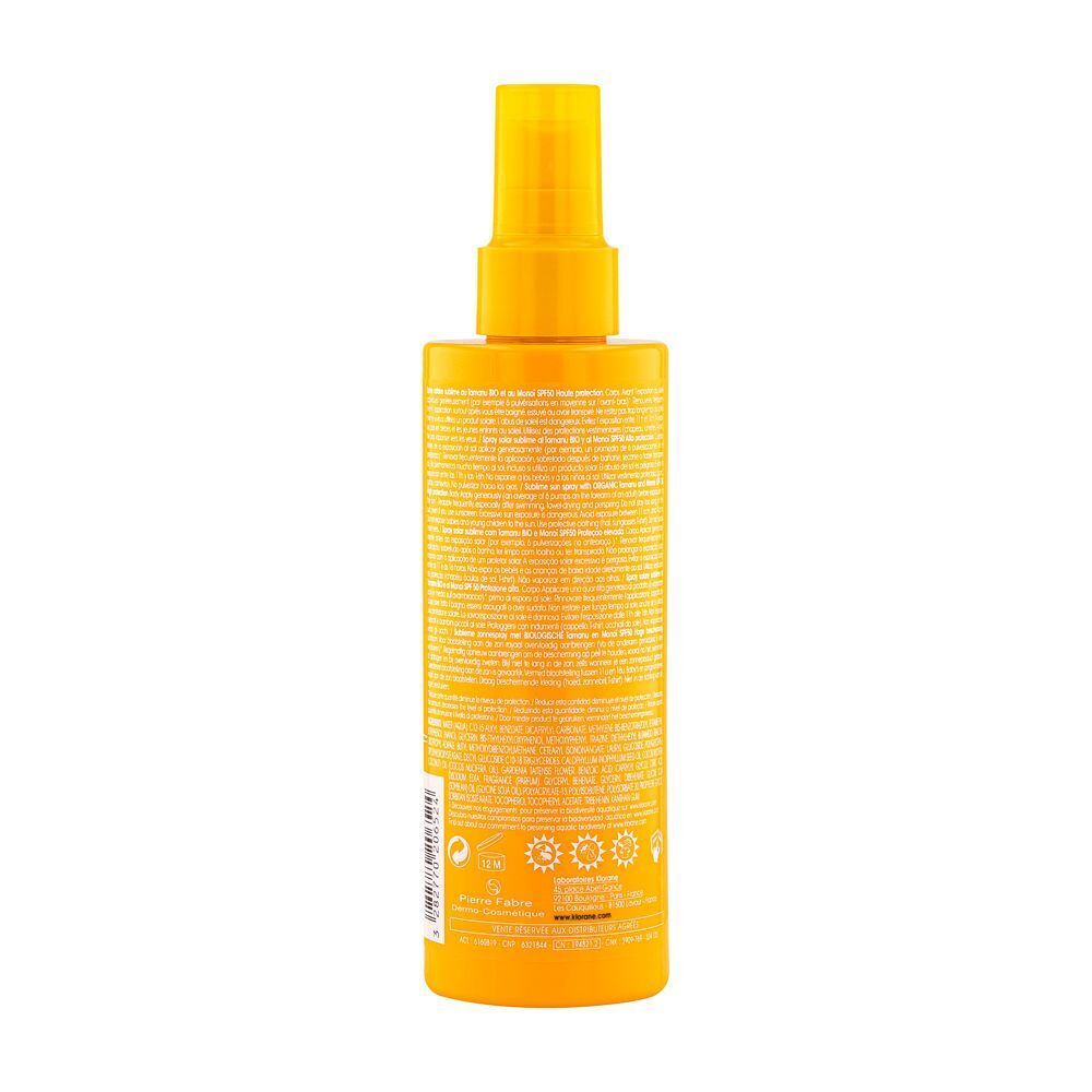 Retro di un flacone spray solare Klorane SPF 50. Dettagli ingredienti e simboli.