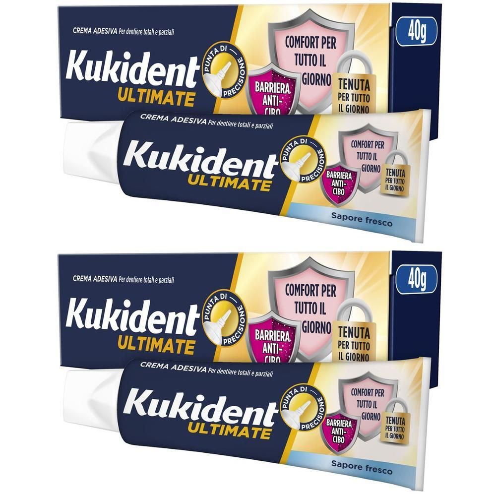 Due tubetti di crema adesiva Kukident Ultimate, 40g, al gusto fresco.