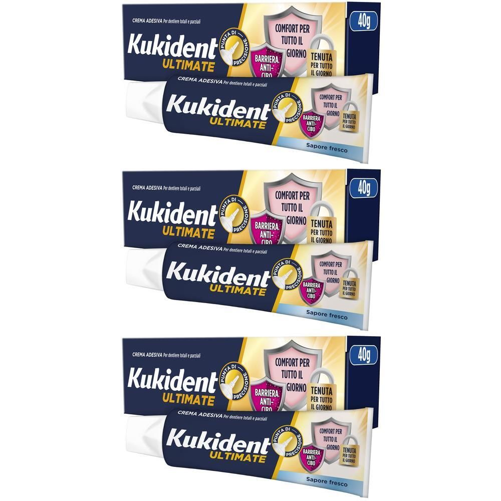 Tre tubi e scatole di crema adesiva Kukident Ultimate, 40g.