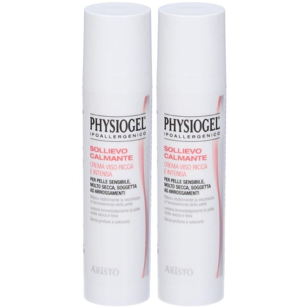 Due flaconi bianchi di crema viso ipoallergenica Physiogel.