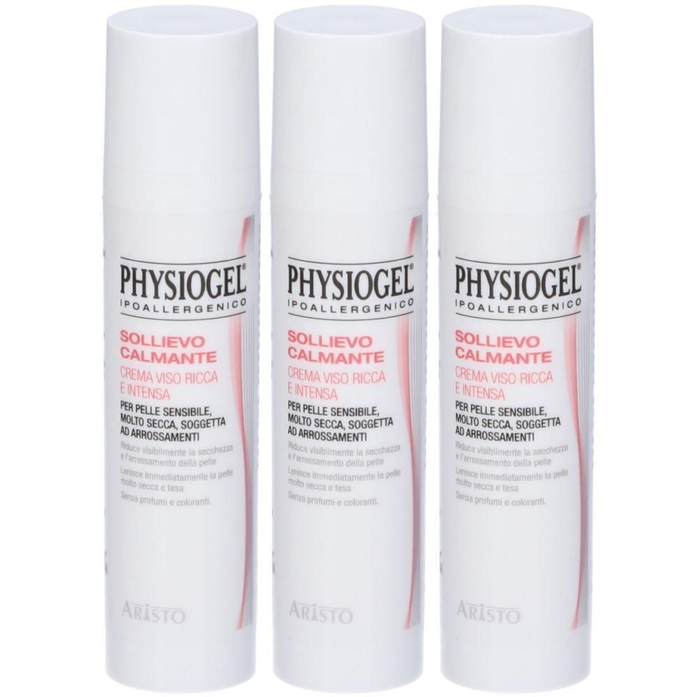 Confezione da tre flaconi di crema viso ricca e intensa lenitiva Physiogel.