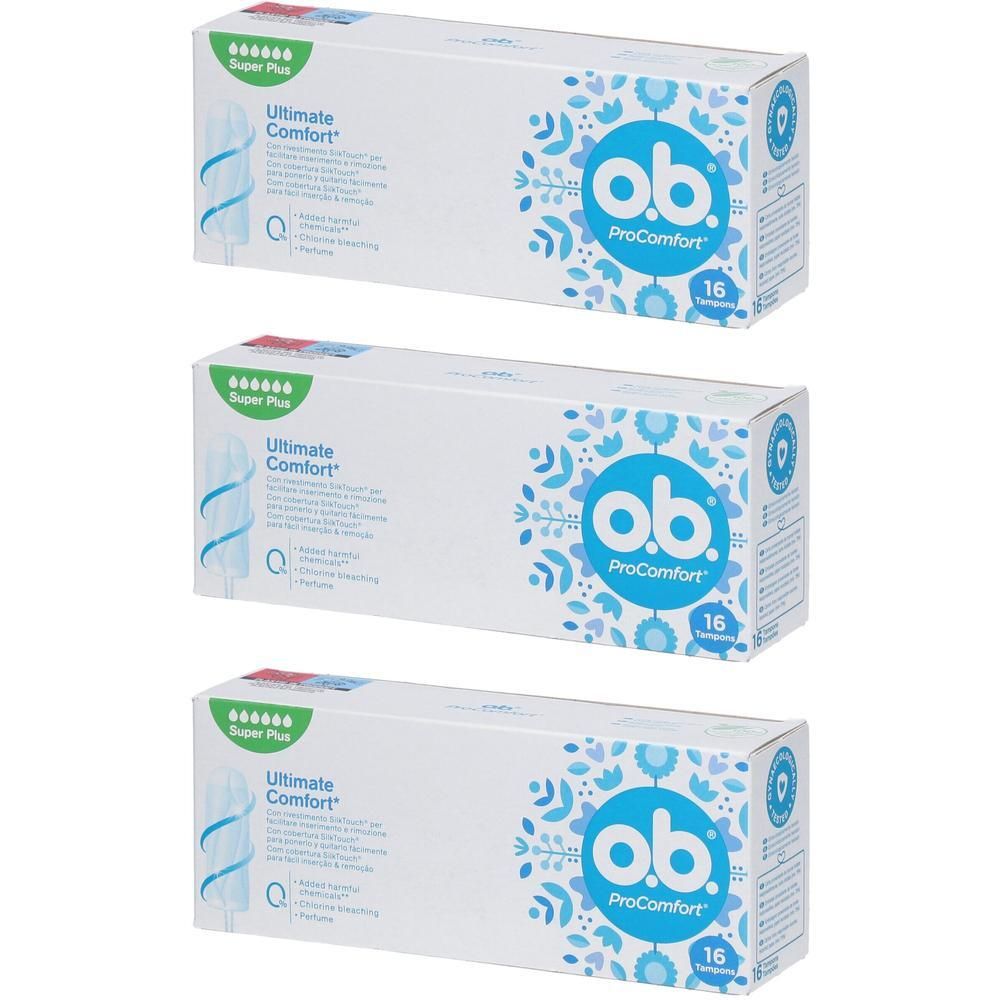 Tre confezioni di assorbenti O.B. ProComfort Super Plus, 16 assorbenti per confezione.