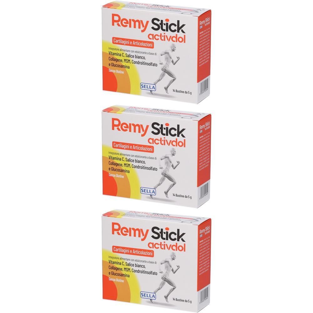 Tre scatole di Remy Stick Activdol con silhouette di corridori e informazioni sulla salute.