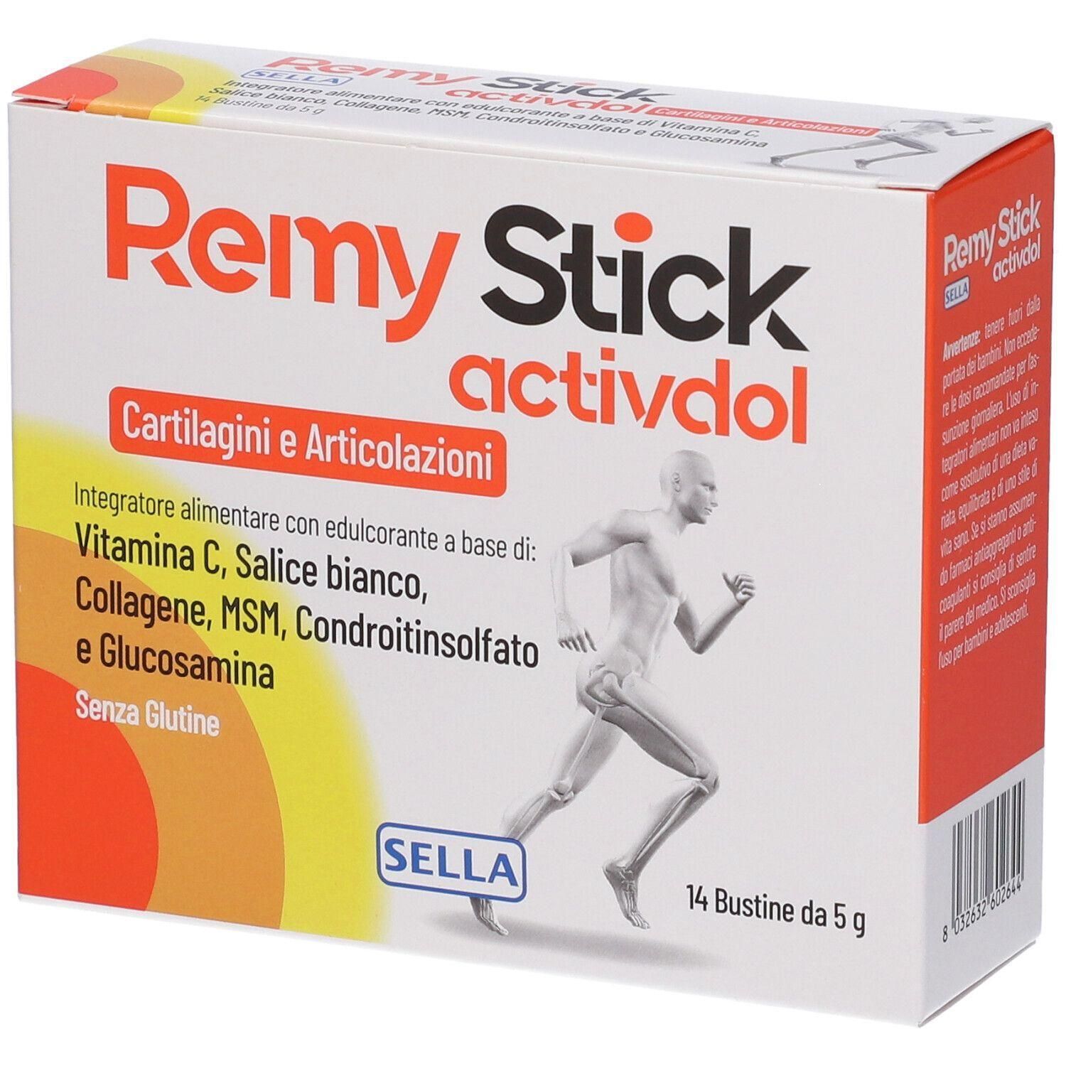 Confezione Remy Stick Activdol da 14 bustine per cartilagini e articolazioni. Contiene Vitamina C, Collagene, MSM, Condroitinsolfato, Glucosamina.