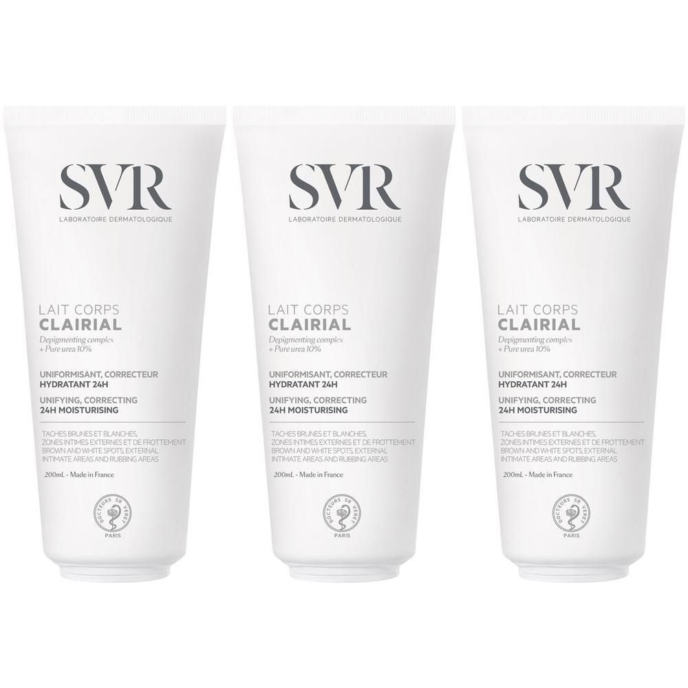 Tre tubi bianchi di SVR Clairial Latte Corpo, 200ml.
