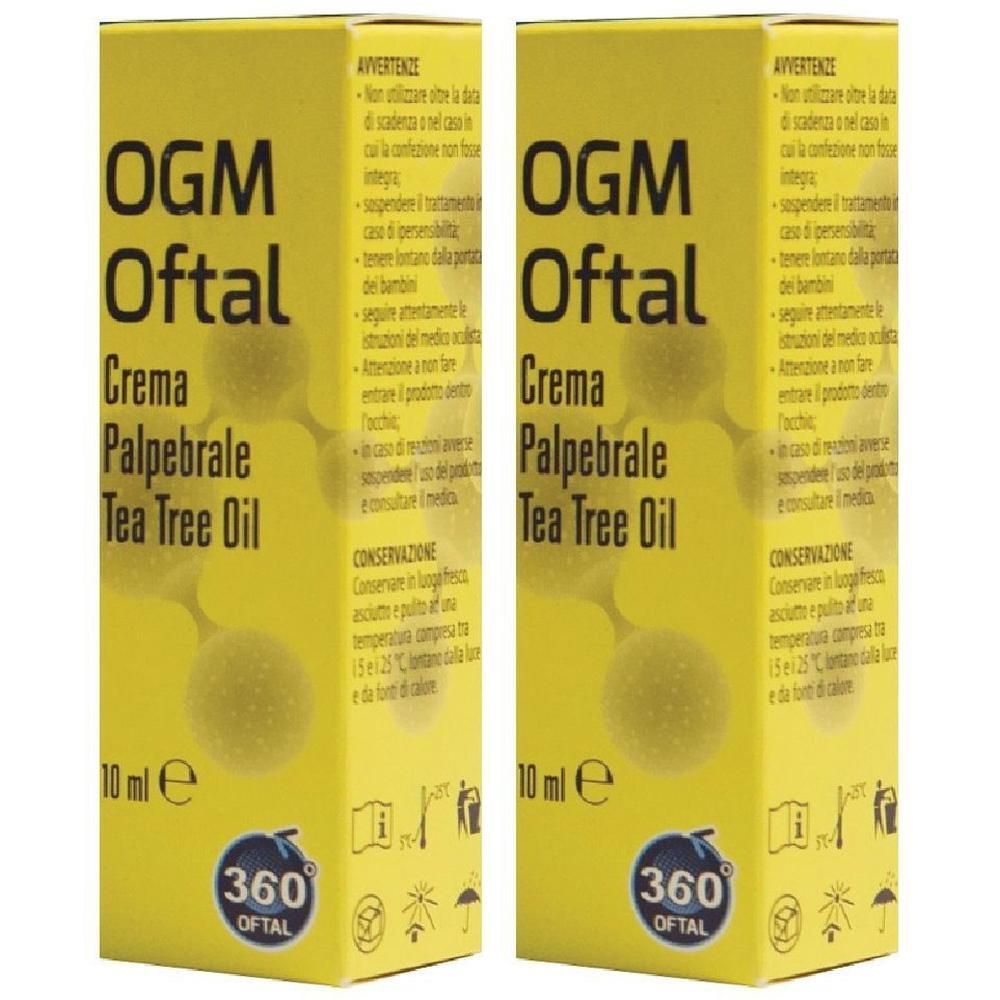 Due confezioni di OGM Oftal Crema Palpebrale con Tea Tree Oil. Packaging giallo con scritte nere e bianche.
