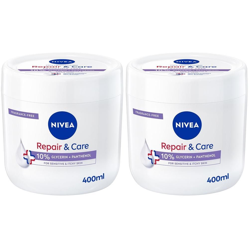 Due vasetti Nivea Repair & Care con 10% Glicerina + Pantenolo per pelli sensibili.