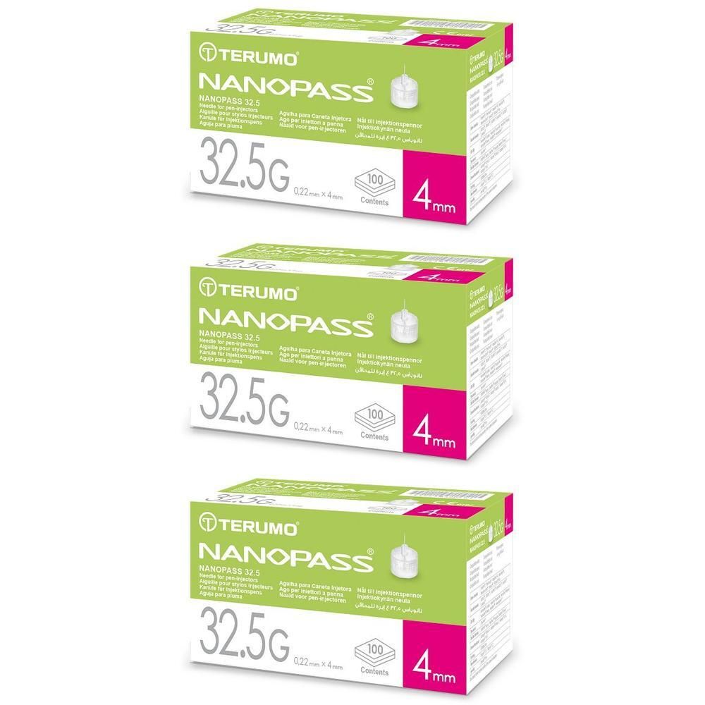 Tre confezioni di aghi per penna da insulina Terumo Nanopass, 32,5G, 4mm, 100 pezzi per confezione.