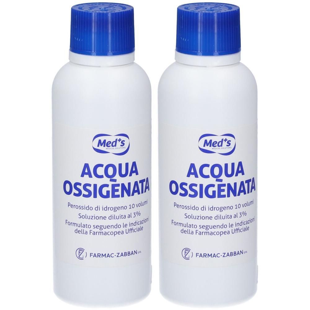 Due flaconi bianchi Med's Acqua Ossigenata con tappi blu. Le etichette riportano informazioni sul prodotto.