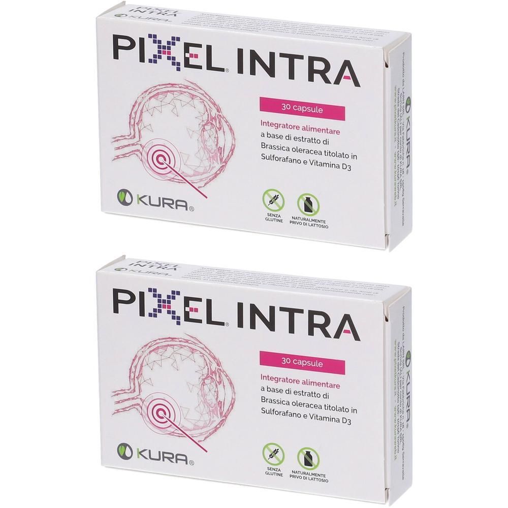 Due confezioni di Pixel Intra 30 capsule con immagine oculare e logo Kura.
