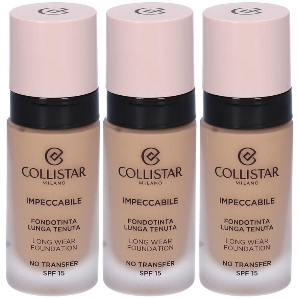 Tre flaconi di Fondotinta Lunga Tenuta Collistar Impeccabile SPF 15, colorazione 3n Naturale.